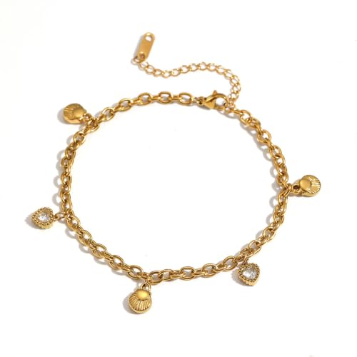Dainty 18K Gold Plated Stainless Steel Cross Chain Anklet for Women, Adjustable 8 Inch Ankle Bracelet with 2 Inch Extension, Seashell & Heart Crystal Charms Beach Foot Jewelry for Vacation Party Daily Heels