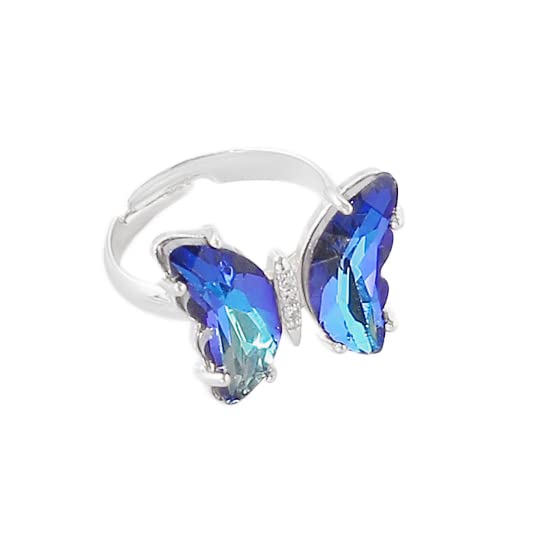 8 Pcs Gold Plated 3D Butterfly Rings Acrylic Adjustable Open Colorful Crystal Bowknot Shaped Band Rings for Women Girls Finger Jewelry - color: mix silver