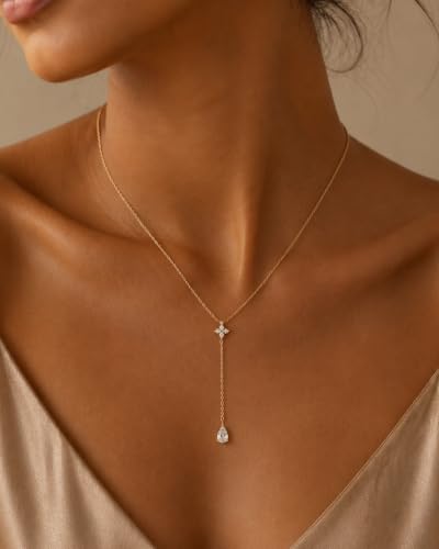 Gold Necklace for Women Dainty 14K Gold Plated Lariat Necklace | Teardrop CZ Y Shaped Drop Necklaces Prom Necklace Long Necklace Simple Gold Jewelry For Women Gift - color: C GOLD
