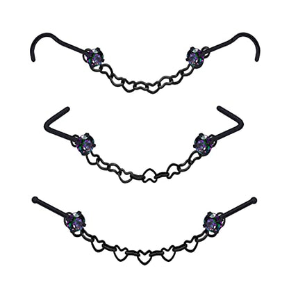 Nose Ring Chain Across Nose Black Stainless Steel Nostril Nose Piercing Chain with Cubic Zirconia Nose Screw Bone L-Shaped Ring for Women Body Piercing Nostril Jewelry with Bridge Chain - color: Black-Heart Nose Chain Studs