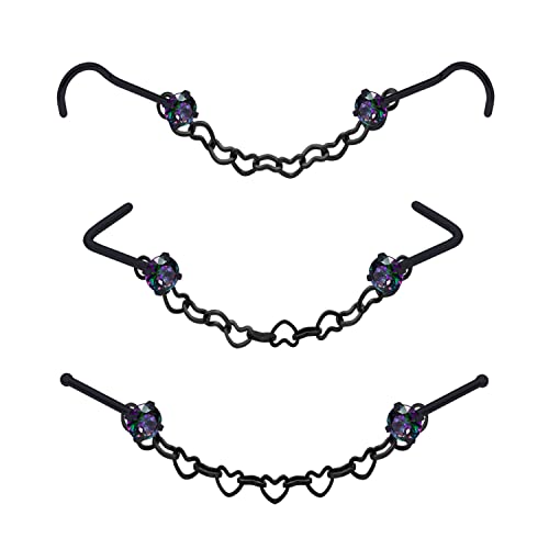 Nose Ring Chain Across Nose Black Stainless Steel Nostril Nose Piercing Chain with Cubic Zirconia Nose Screw Bone L-Shaped Ring for Women Body Piercing Nostril Jewelry with Bridge Chain - color: Black-Heart Nose Chain Studs