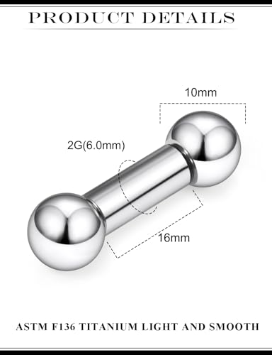 2G 4G 6G 8G 10G 12G 14G 16G Astm F136 Titanium Internally Threaded Nipple Tongue Rings Piercing Jewelry Industrial Straight Barbell Tongue Nipple Ring Bridge Piercing Jewelry For Women Men - size: 2 Gauge-16MM