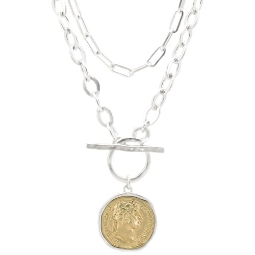 Women's Chunky Coin Necklace, 18K Gold Plated, 18-Inch Toggle Chain | Double-Sided Antique Coin Pendant with Thick Link Chain for Layered Looks and Vintage Statement Style for Everyday Wear - color: 2Pcs Sliver Paperclip + Coin Necklace