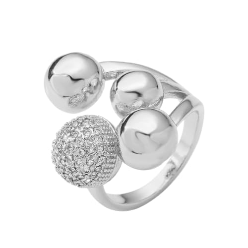 18K Gold Plating Ball Statement Ring Charm Cubic Zirconia Adjustable Open Band Jewelry for Women - color: Silver