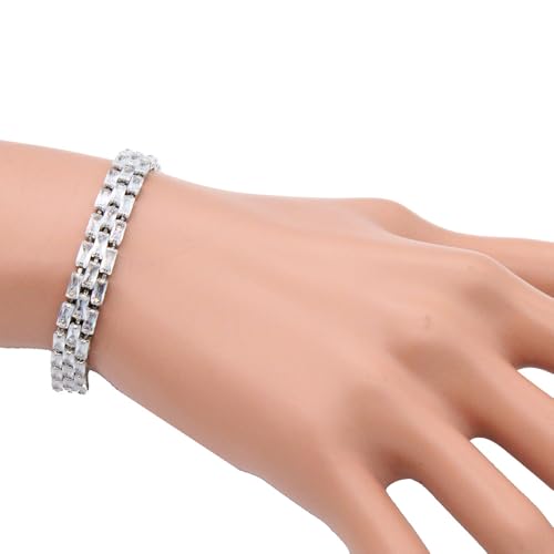 Tennis Bracelet, 13mm Width, Black Cubic Zirconia, Gold Plated Brass, 7 Inch Length, 11 Grams - color: Silver Clear