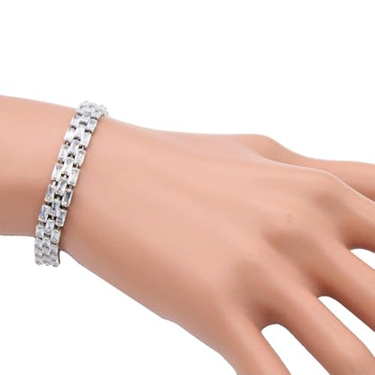 Tennis Bracelet, 13mm Width, Black Cubic Zirconia, Gold Plated Brass, 7 Inch Length, 11 Grams - color: Silver Clear