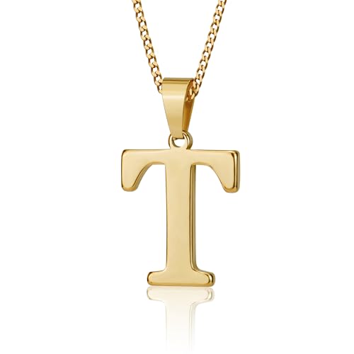 Suweibuke Initial Necklace for Men Women Boys Girls, 18K Gold Plated 26 Letters Pendant Necklace, Personalized Jewelry Gifts - color: Gold-T.