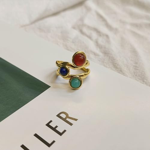 Gold Statement Ring, Vintage Adjustable Natural Stone Ring with Lapis Lazuli, Red Agate, Amazonite, Boho Jewelry for Women