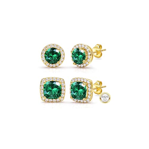 2 Pairs S925 Sterling Silver Stud Earrings for Women Halo Cubic Zirconia | 14K Gold Plated Hypoallergenic Non Tarnish Round Square Silver Stud Earring for Women Men Dainty Trendy Jewelry - style: Gold-Green Stone