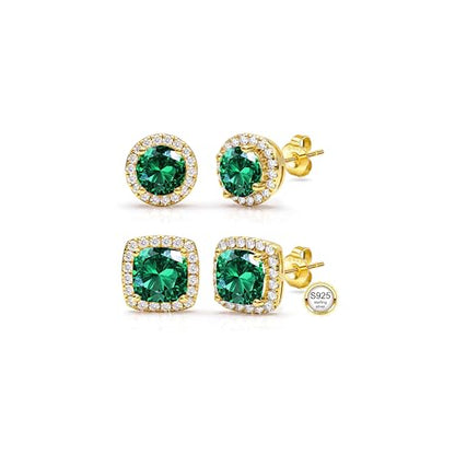 2 Pairs S925 Sterling Silver Stud Earrings for Women Halo Cubic Zirconia | 14K Gold Plated Hypoallergenic Non Tarnish Round Square Silver Stud Earring for Women Men Dainty Trendy Jewelry - style: Gold-Green Stone