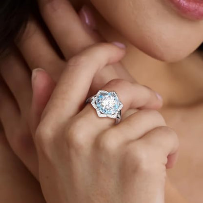 Flower Cocktail Ring for Women Stone Engagement Anniversary Rings | Sterling Silve|Hypoallergenic|Ruby|Sapphire|Emerald|Wedding and Birthday Party Women Statement Ring|Mother and Grandma Gift - color: Aquamarine (Mar.)
