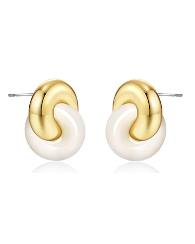 Small Twist Interlock Chunky 18K gold plated Gemstone Natural Stone (Brown, Green, Pink, White) Statement Earrings for Women by SNGIA, Dainty Love Knot Tiger Eye Amber Jade Tourmaline Bold Handmade Exaggerated Dome Retro Rounded Button Half Ball Trendy Bo