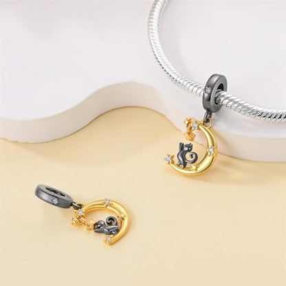 14K Gold Plated Charms for Bracelets Necklace Star Moon Cross Beads Woman | 925 Sterling Silver Charms Butterfly Cute Cat Dog Evil Eye Lucky Bracelet Beads Aesthetic Peandant Jewelry Gift for Mom - color: Cat under the moon charm