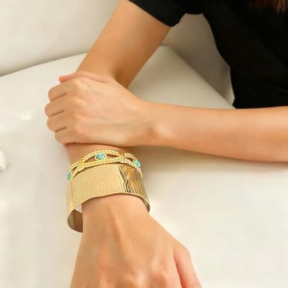 PERNNLA PEARL Dainty Gold Bar Bracelet for Women Simple Delicate Thin Cuff Bangle Hook Bracelet 18K Gold Plated Handmade Minimalist Jewelry - color: 9.3-Turquoise
