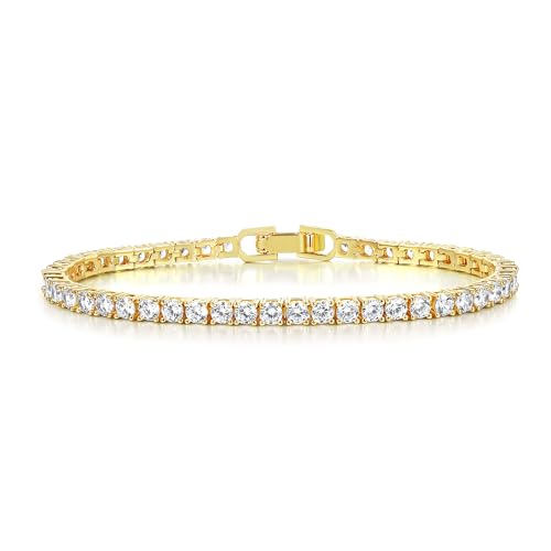 Gemsme 4 Prong Tennis Bracelet, 18K White/Yellow Gold Plated 3mm Round Cubic Zirconia Bracelet for Women Size 6-8.5 Inch - color: Gold Plated, size: 8.5 inch