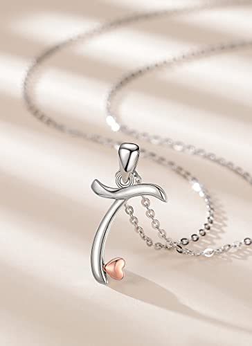 CELESTIA 925 Sterling Silver Initial Necklaces 26 Letter with Rose Gold Heart - 18 Inch Chain - color: T-Initial