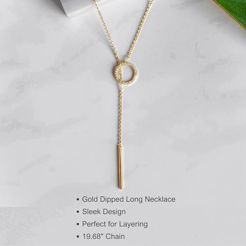 Benevolence LA Gold Dipped Lariat Necklace for Women, Candace Cameron Designed, Y Long Chain Drop Necklace with Bar Pendant, For Layering Necklaces, Jewelry Accessories