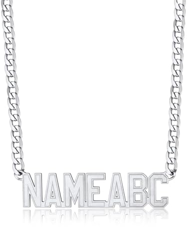 GoldChic JEWELRY Name Necklace Personalized for Men, Womens Custom Name Plate Chain, Stainless Steel Customized Old English Nameplate Choker with Curb Chains Custom, 16 inches to 30 inches - color: Cuban Chain 6 mm- Steel(Large Pendant)