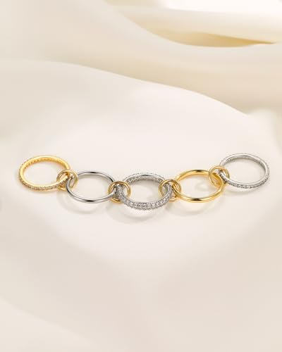 Gold Silver Stackable Rings for Women Mixed Metal Interlocked Ring Stack | Multi Ring set non tarnish 14K Gold Plated Cubic Zirconia Fashion trendy Two Tone Connected Bands Statement rings Size 4-11 - color: 03- Two tone 5 rings