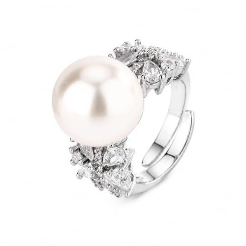 Double Side Butterfly Crystal Bezel Faux Pearl Open Ring, White Gray Gold Two Tone Silver Gold Luxury Evening Cocktail Ring for Women (white)