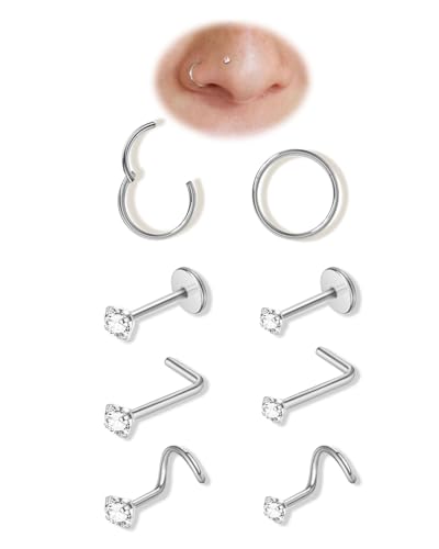 8PCS Titanium Nose Rings Stud, Gold Nose Ring for Women Men Hypoallergenic Nostril Hoops L Shape Nose Studs Corkscrew CZ Nose Piercing Jewelry Silver 18G & 20G Nose Ring Studs 2/2.5/3mm - style: Silver-8pcs nose stud