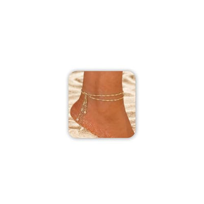 Gold Anklet Set for Women, Layered Beach Anklets | Layered gold-tone ankle bracelets, designed for beach days, vacations, and summer wear - style: Gold Anklet 4