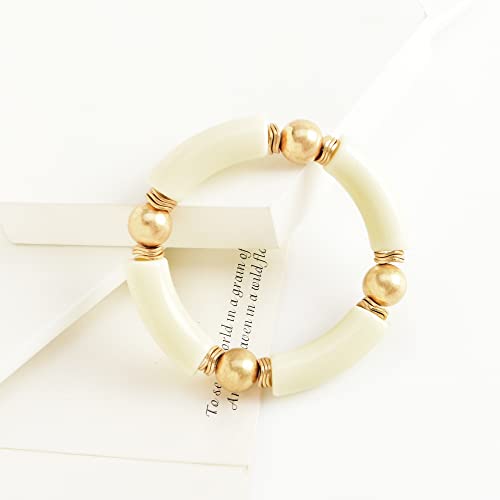 LALAPPLE Gold Plated Beaded Acrylic Bamboo Tube Bangle Bracelets for Women, Colorful Chunky Curved Tube With Gold Plated Pieces Beads Stretch Bracelet Friendship Summer Beach Jewelry - color: A-Ivory