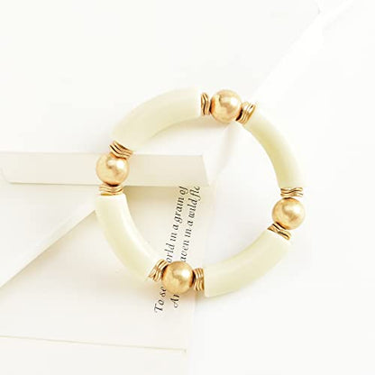 LALAPPLE Gold Plated Beaded Acrylic Bamboo Tube Bangle Bracelets for Women, Colorful Chunky Curved Tube With Gold Plated Pieces Beads Stretch Bracelet Friendship Summer Beach Jewelry - color: A-Ivory