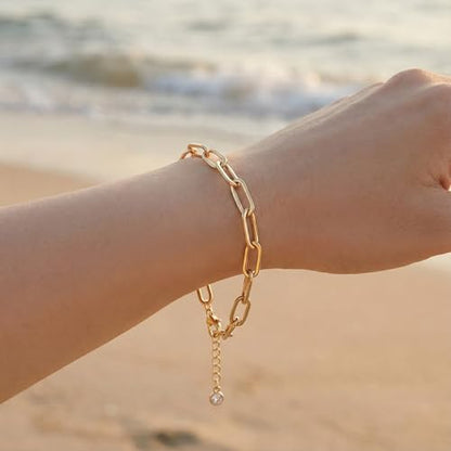 Solza 2 Layer Gold Plated Bracelet – Stainless Steel Adjustable Layered Chain with 3mm Beads, 18K Gold Plated Non Tarnish Jewelry for Women, Elegant Beaded Bracelet Stack for Everyday Wear - style: Paper Clip Chain