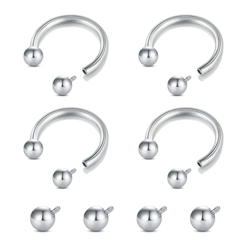 Longita Internally Threaded Septum Ring Silver Black Gold Septum Rings 16G Septum Piercing Surgical Steel Septum Jewelry Septum Nose Rings 16 Gauge Small Septum Ring Horseshoe with Replacement Balls - color: A1-silver-8mm