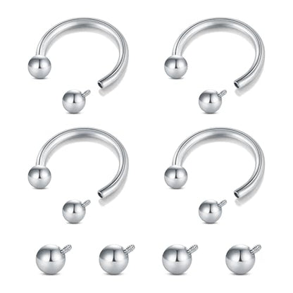 Longita Internally Threaded Septum Ring Silver Black Gold Septum Rings 16G Septum Piercing Surgical Steel Septum Jewelry Septum Nose Rings 16 Gauge Small Septum Ring Horseshoe with Replacement Balls - color: A1-silver-8mm