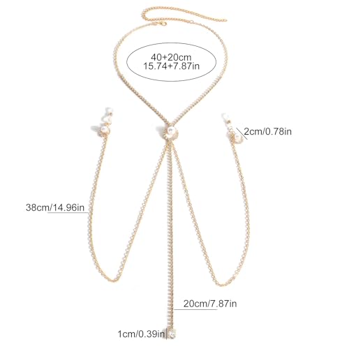 Sexy Rhinestone Pearl Tassel Non Piercing Nipple Chain Jewelry for Women Crystal Drop Chest Chain Festival Rave Nipple Body Jewelry for Party - color: Gold