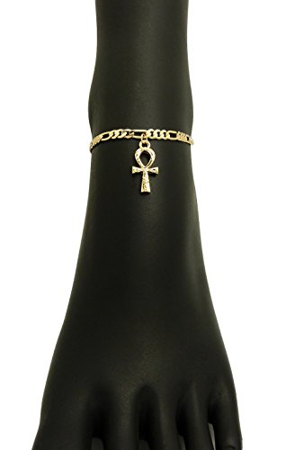 Fashion 21 Women's Cross, Ankh, Queen Nefertiti Piece 10 inches Figaro Chain Anklet Foot Bracelet in Gold Tone - style: Mini Ankh / Figaro
