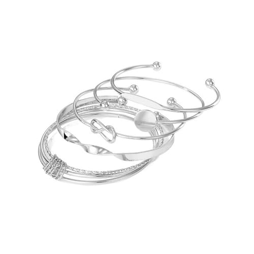 GIGB PBDK Chunky Stackable Gold Cuff Bracelets Set for Women Boho Multi Layer Silver Open Bangles Adjustable Geometry Bracelets Jewelry Accessories - color: Silver