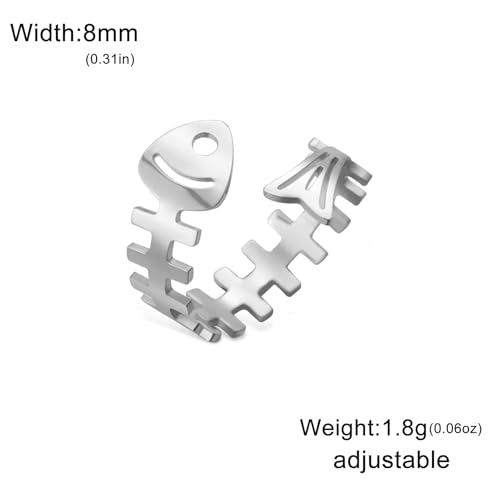 Funny Fishbone Ring, Stainless Steel Adjustable Open Rings for Women Trendy, Special Christmas Gift for Friend Lover Daughter - color: Silver