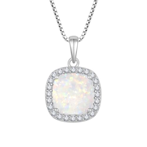 Birthstone Necklace for Women 925 Sterling Silver Princess Cut Halo Necklace Pendant Jewelry for Mom Wife - color: Miky White