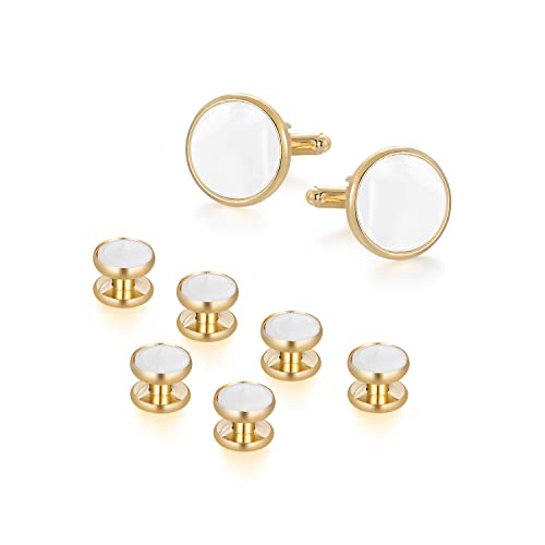 wynameleri Mens Classic Shirts Cufflink Studs, Mother-of-Pearl Tuxedo Shirt Button and Cuff Links Set, Formal Business Wedding Jewelry - color: MOP-Gold White