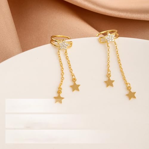 Dainty Star Tassel Dangle Ear Cuff Cartilage Clip On Earrings for Women 925 Sterling Silver Cubic Zirconia Crystal Small Huggie Hoops Chain Link Drop Dangling Layered Wrap Earring Fashion Birthday Jewelry Gifts Hypoallergenic Clips - color: Gold