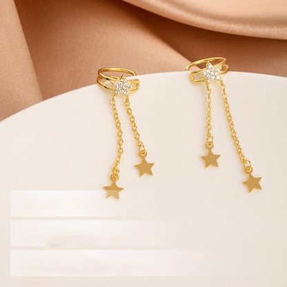 Dainty Star Tassel Dangle Ear Cuff Cartilage Clip On Earrings for Women 925 Sterling Silver Cubic Zirconia Crystal Small Huggie Hoops Chain Link Drop Dangling Layered Wrap Earring Fashion Birthday Jewelry Gifts Hypoallergenic Clips - color: Gold