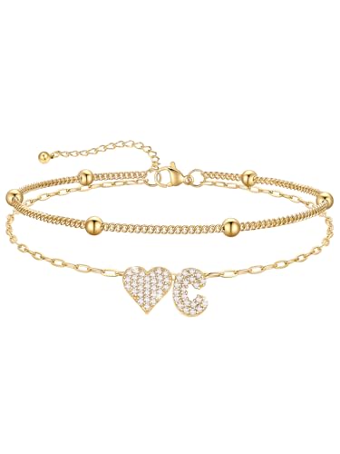 U7 Heart Initial Ankle Bracelets for Women Waterproof, Silver/14K Gold Plated Anklets CZ Initial Heart Anklets Stainless Steel Summer Beach Ankle Adjustable 8.5"-10.5" - color: Gold