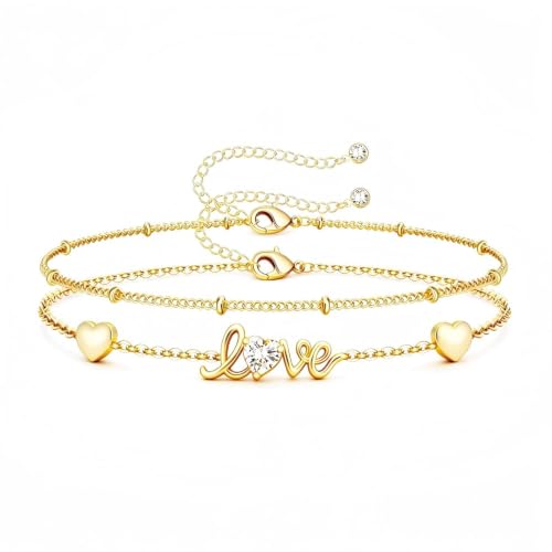 16K Gold Plated Bracelets Set for Women - Dainty Layered Adjustable Hand Chain Bracelet with Cubic Zirconia, Cute Jewelry Gift for Her, Waterproof Hypoallergenic - color: Love