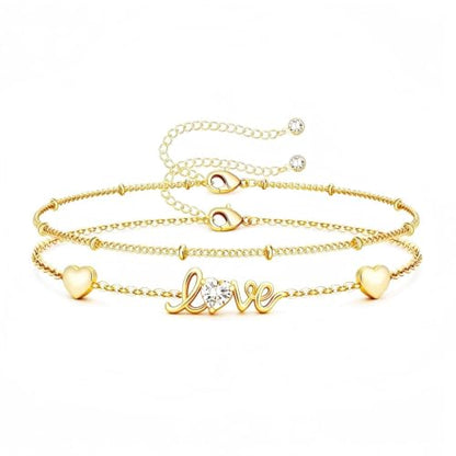 16K Gold Plated Bracelets Set for Women - Dainty Layered Adjustable Hand Chain Bracelet with Cubic Zirconia, Cute Jewelry Gift for Her, Waterproof Hypoallergenic - color: Love