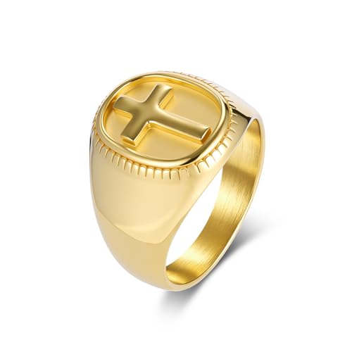 Men Engagement Ring Stainless Steel, Men Stainless Steel Signet Ring with 18MM Wide Oval with Cross, Gold, Size 11