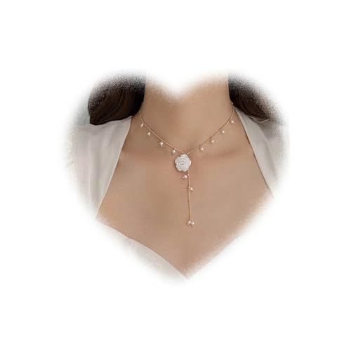 Boho Pearl Drop Necklace for Women White Flower Pendant Necklace Pearl Y Necklace Chain Flower Y Lariat Necklace Pearl Y Drop Chain Necklace Gold Pearl Bead Necklace Jewelry for Girls