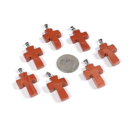 Justinstones 32mm Gemstone Carved Cross Reiki Chakra Pendant With Stainless Steel Necklace 22 Inch - color: Red Jasper