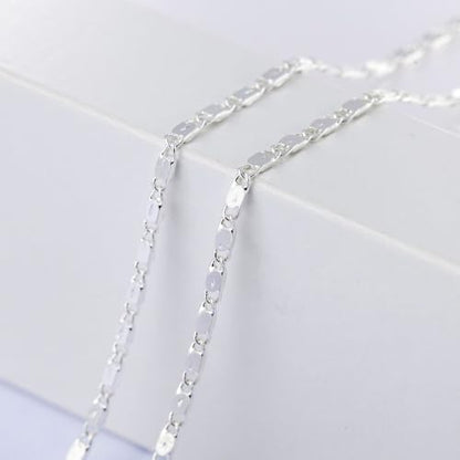 Gold Silver Necklace Chain With Adjustable Lobster Clasp, Diamond Cut Geometric Gold Beads Stationed on Dainty 2mm Cable Box Chain, 16 Inches Rolo Oval Figaro Link Singapore Chain. - color: Silver02