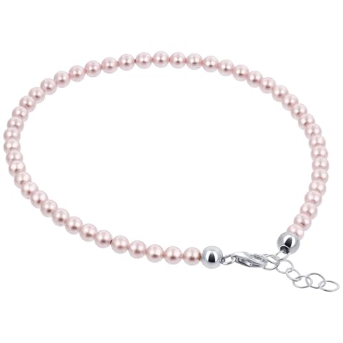 Gem Avenue .925 Silver Round Faux Pearl Adjustable Anklet with 9 to 10 inch Long - color: Pink