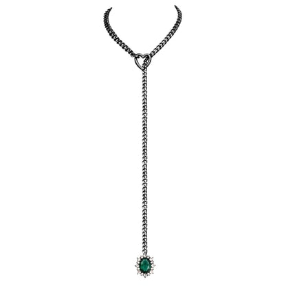 Women's Heart O-Ring Slip Chain Necklace, Double Layered Adjustable 39'' Cuban Chain with Detachable Heart Clasp and Colorful Rhinestone Pendant - color: 25'' Black-Emerald Green