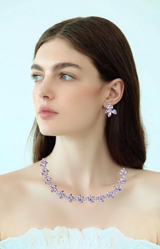 Bridal Wedding Crystal Leaf Choker Necklace Dangle Earring Bracelet Brides Bridesmaid Jewelry Set for Women - color: Violet-Gold Plated