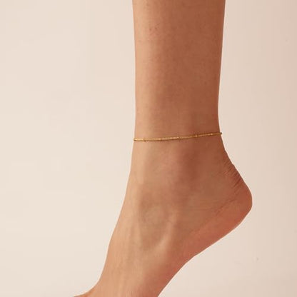 NONAMOIS Ankle Bracelets for Women Dainty 18K Gold Plated Anklet Waterproof Round Beaded Paperclip Herringbone Pearl Chain Anklets Waterproof Beach Foot Jewelry - color: Satellite-Gold